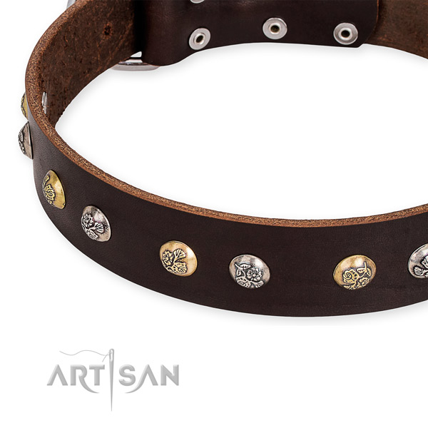 Full grain genuine leather dog collar with top notch rust-proof adornments