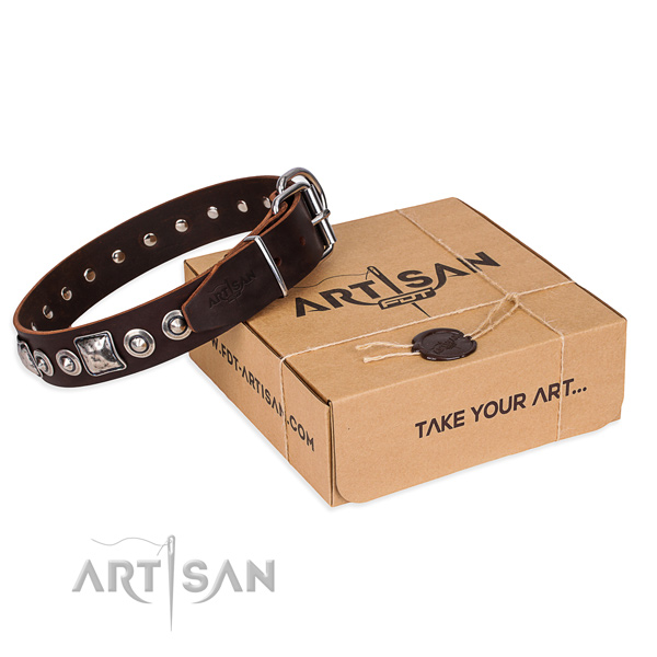 Full grain leather dog collar made of gentle to touch material with reliable hardware