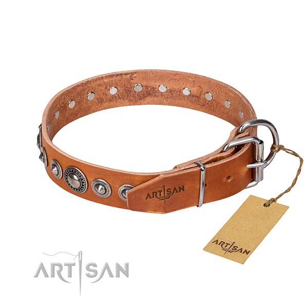 Full grain genuine leather dog collar made of reliable material with strong adornments