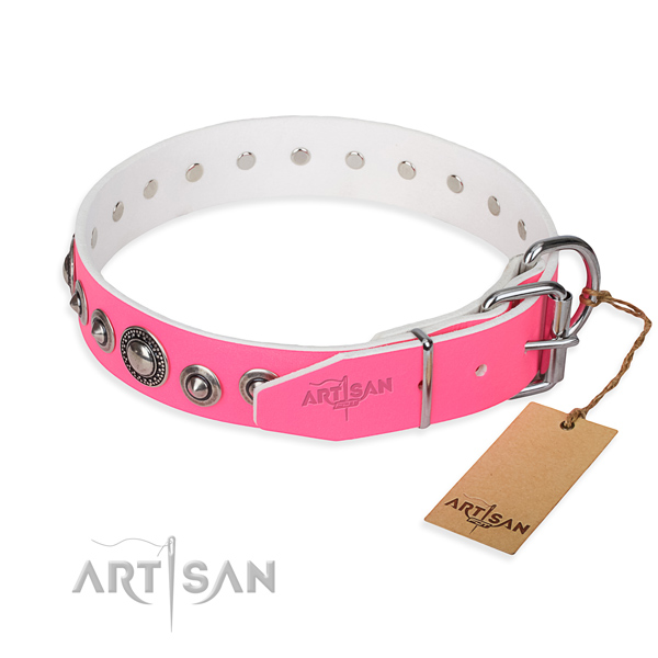 Full grain leather dog collar made of top notch material with rust resistant embellishments