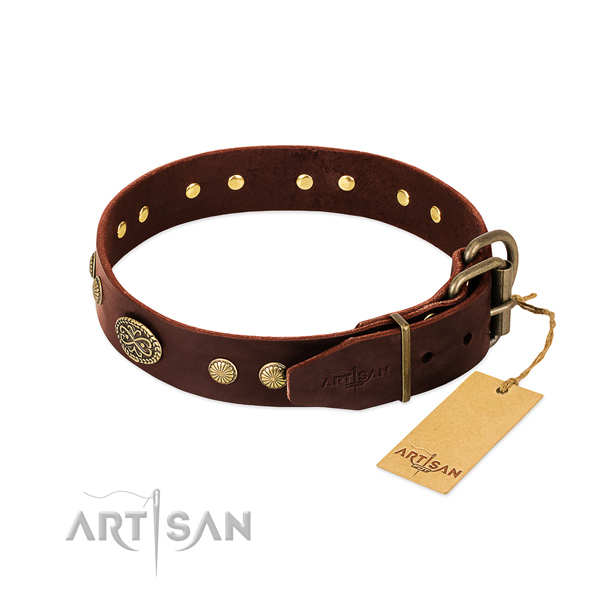 Rust-proof traditional buckle on full grain natural leather dog collar for your canine