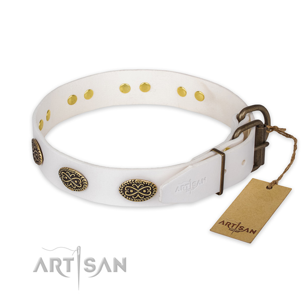 Durable fittings on genuine leather collar for daily walking your dog