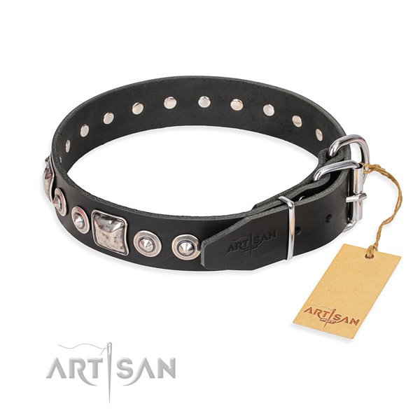 Full grain genuine leather dog collar made of soft material with reliable adornments