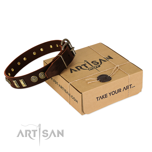 Rust resistant traditional buckle on full grain natural leather dog collar for your canine