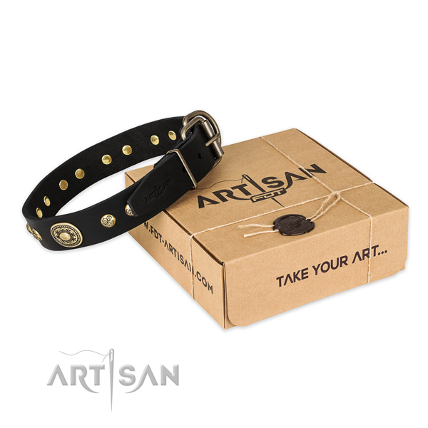 Durable traditional buckle on genuine leather dog collar for handy use