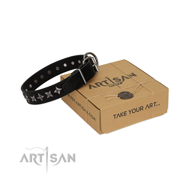 Handy use dog collar of durable natural leather with studs