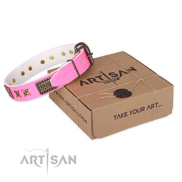 Corrosion resistant hardware on natural genuine leather collar for your lovely dog