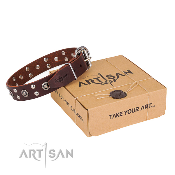 Durable traditional buckle on full grain genuine leather collar for your attractive doggie