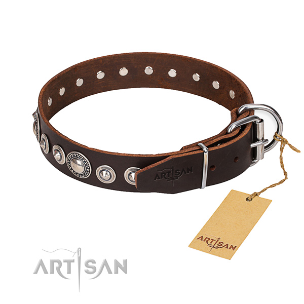 Full grain genuine leather dog collar made of gentle to touch material with durable buckle