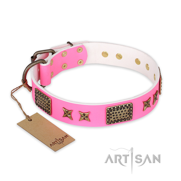 Easy to adjust genuine leather dog collar with reliable traditional buckle