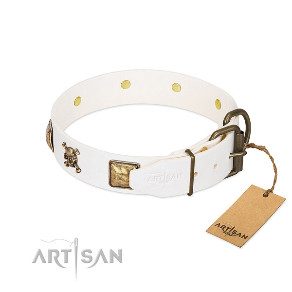 Unique full grain natural leather dog collar with reliable embellishments