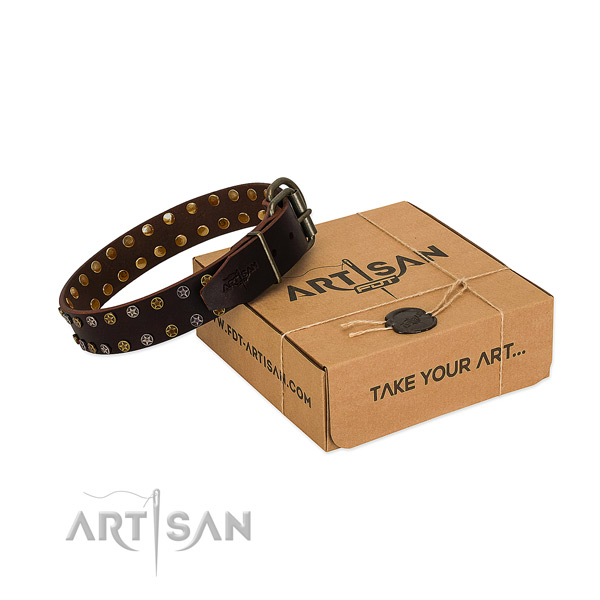 Everyday walking high quality leather dog collar with decorations