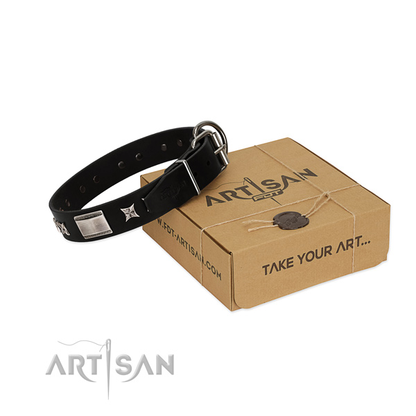 Reliable full grain natural leather dog collar with corrosion proof fittings