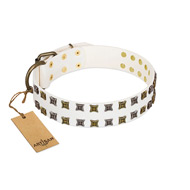 "Ice Peak" FDT Artisan White Leather dog Collar with Silvery and Goldish Decorations  "Ice Peak" FDT Artisan White Leather dog Collar with Silvery and Goldish Decorations