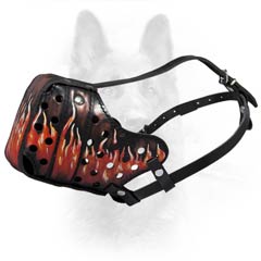 Handcrafted Flames Painted Leather K9 Dogs Muzzle