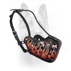 Colored With Fire Burning Image Leather Padded Police  (K9) Dog Muzzle